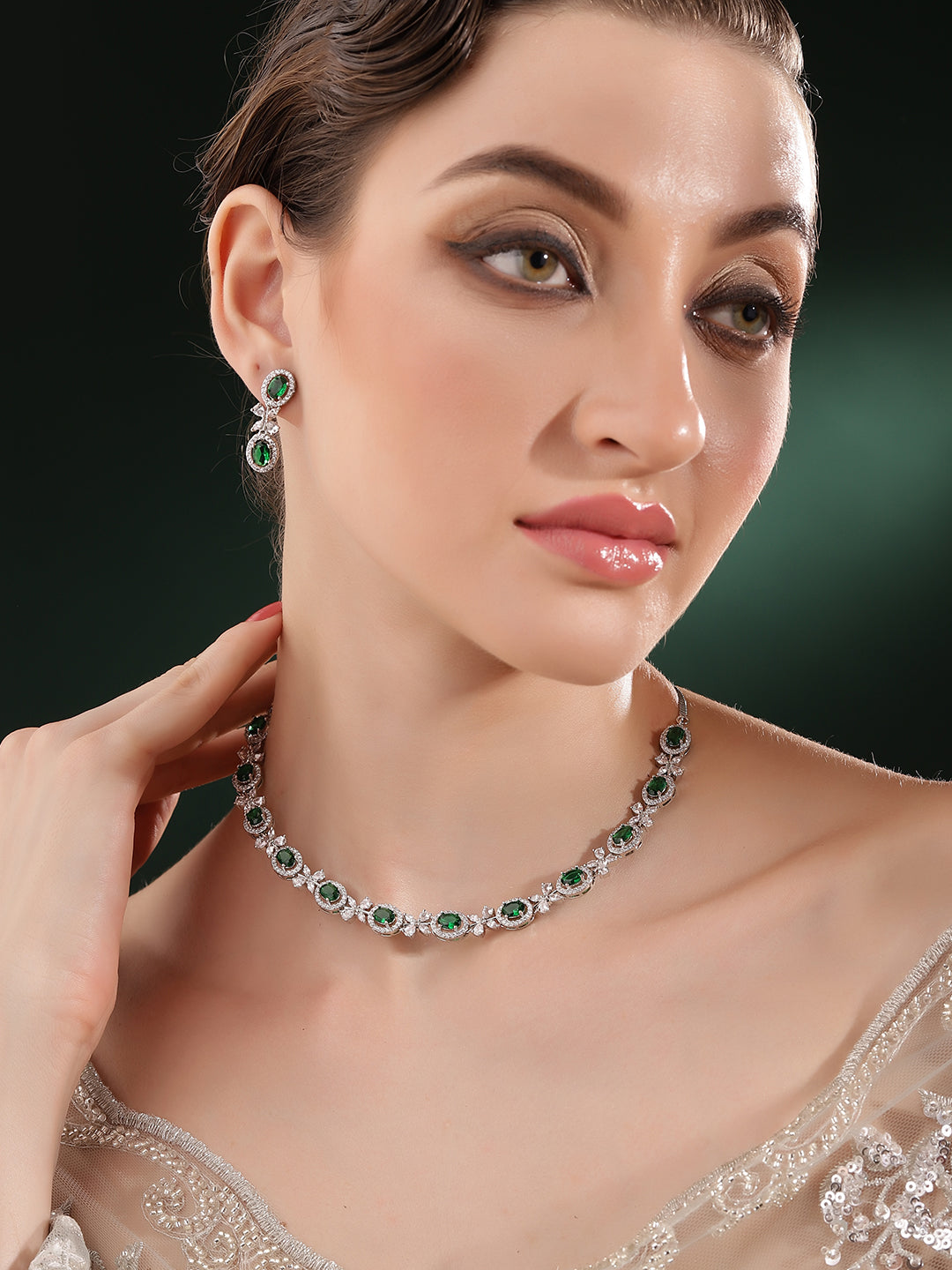 Floral Geometry Combo Design Elegant Silver Plated Necklace with