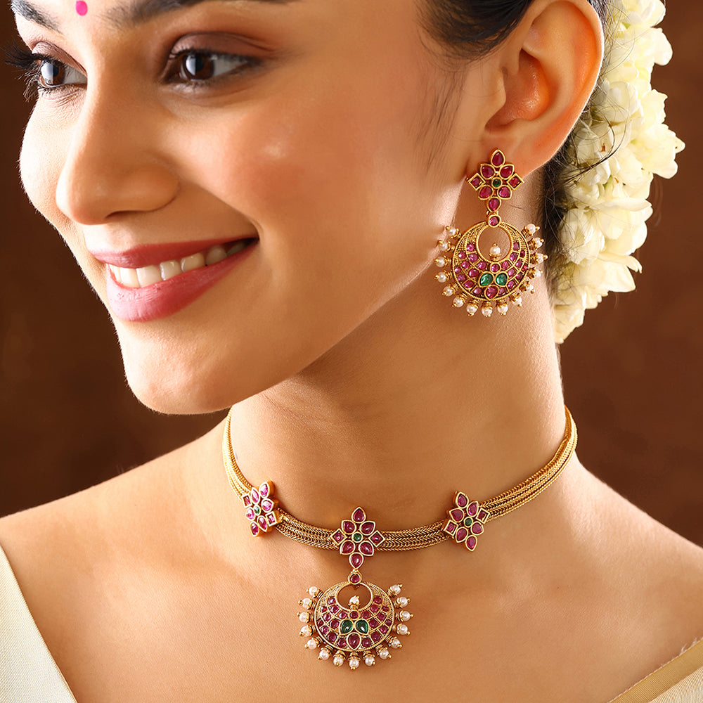 Temple Elegance Chandbali Design Attigai Necklace Gold Plated