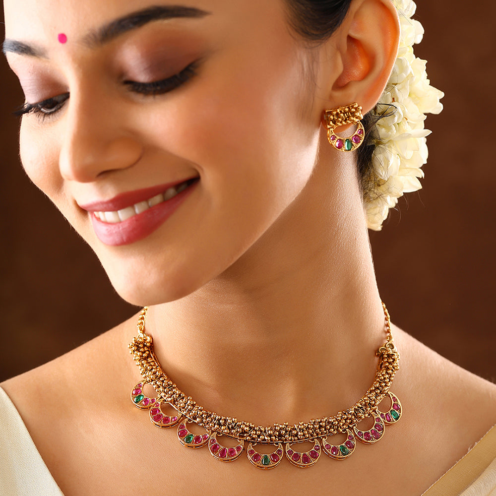 Mini Chand Pattern Gold Plated Necklace with Mini Stud Earrings Jewellery Set