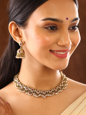Floral Ruby Pearl Fancy Gold Plated Necklace with Drop Earrings Jewellery Set