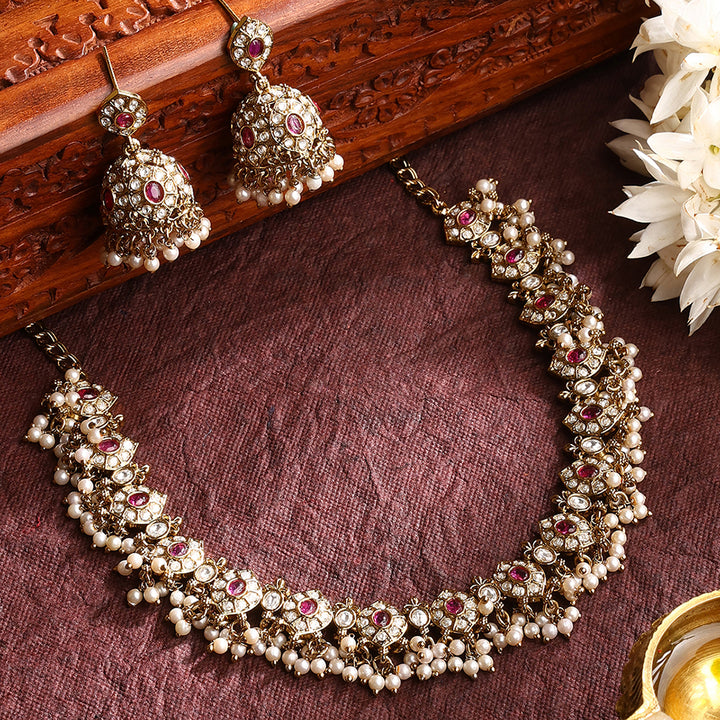 Floral Ruby Pearl Fancy Gold Plated Necklace with Drop Earrings Jewellery Set