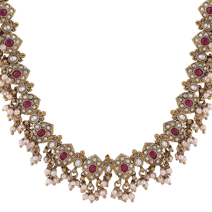 Floral Ruby Pearl Fancy Gold Plated Necklace with Drop Earrings Jewellery Set