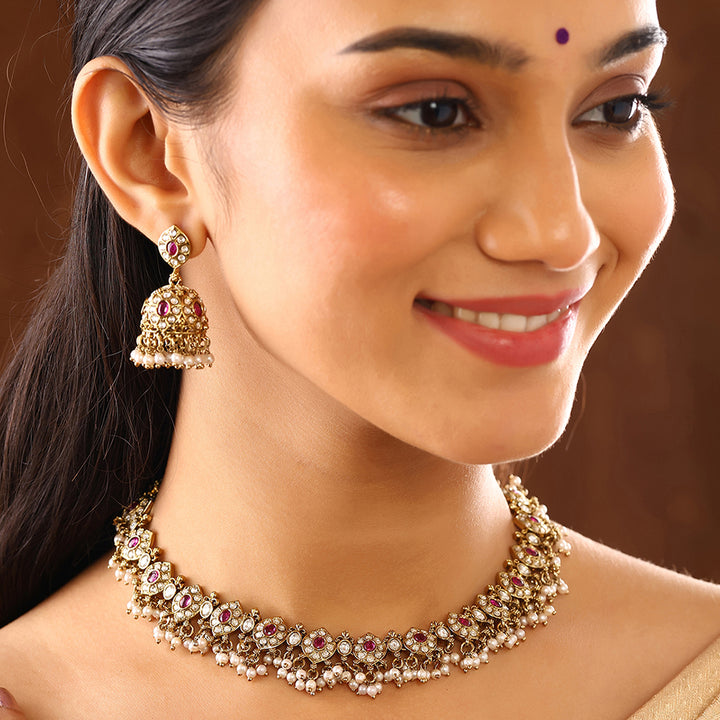 Floral Ruby Pearl Fancy Gold Plated Necklace with Drop Earrings Jewellery Set