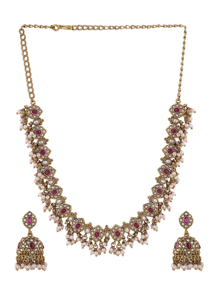 Floral Ruby Pearl Fancy Gold Plated Necklace with Drop Earrings Jewellery Set