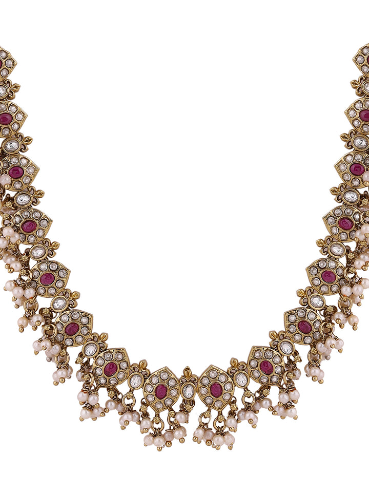 Floral Ruby Pearl Fancy Gold Plated Necklace with Drop Earrings Jewellery Set