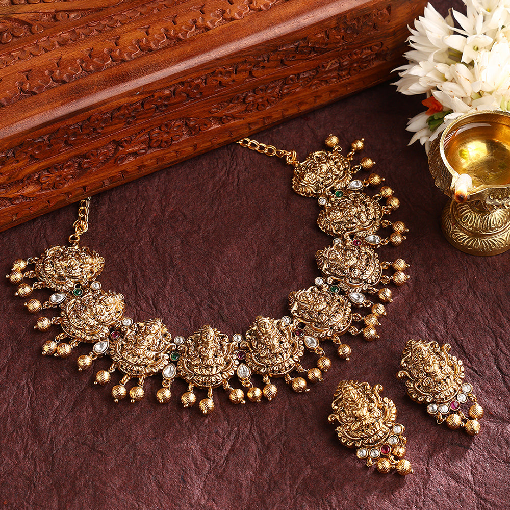 Goddess Nakshi Design Gold Plated Necklace with Earrings Jewellery