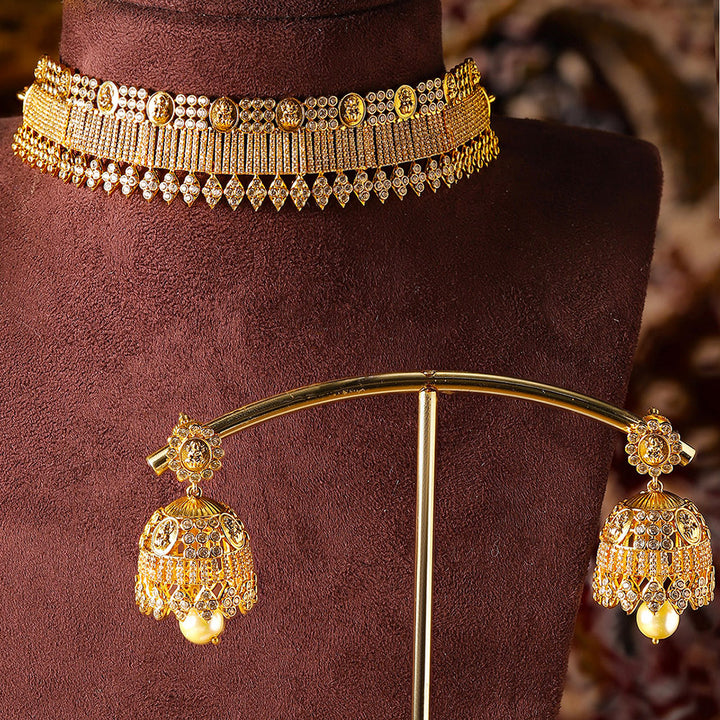 Gold Plated Statement Lakshmi Pattern Chocker Necklace Jhumkis Jewellery Set