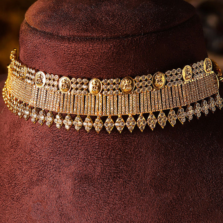 Gold Plated Statement Lakshmi Pattern Chocker Necklace Jhumkis Jewellery Set