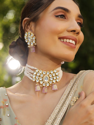 Priyaasi Fresh Water Pearl Kundan Lavender Beads Necklace with Kundan Earrings Gold Plated Jewellery Set