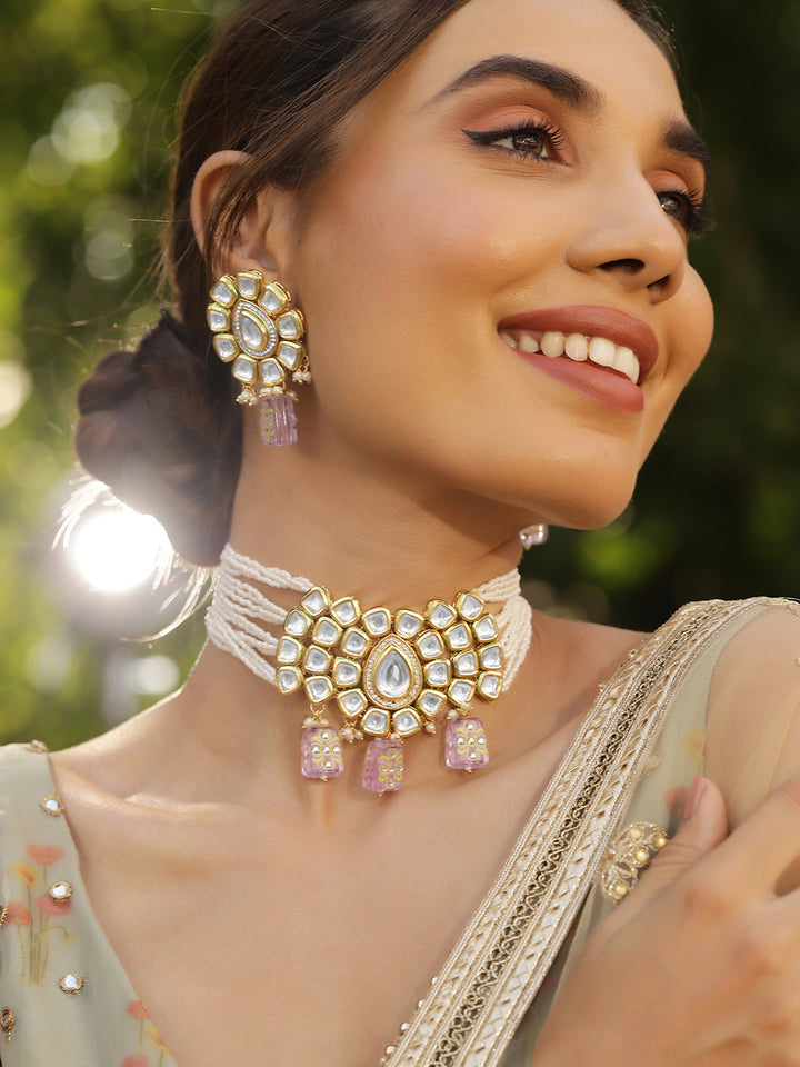 Priyaasi Fresh Water Pearl Kundan Lavender Beads Necklace with Kundan Earrings Gold Plated Jewellery Set