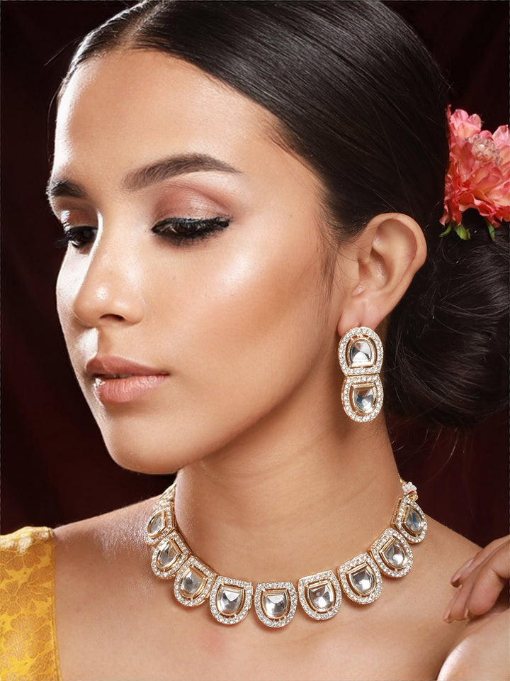 Semi-Oval Studded Polki Kundan Gold-Plated Jewellery Set