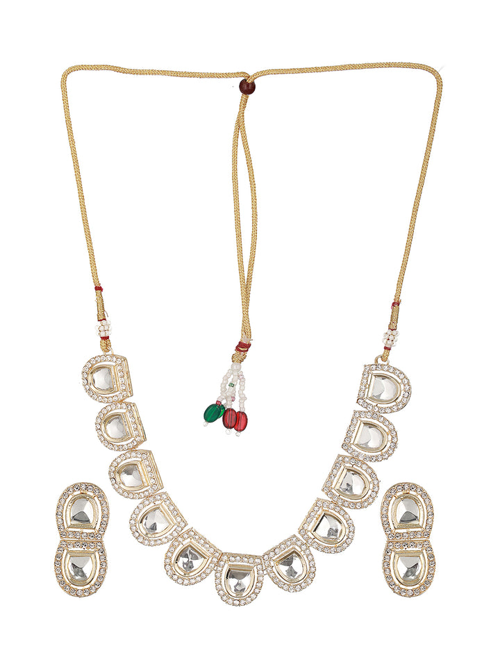 Semi-Oval Studded Polki Kundan Gold-Plated Jewellery Set