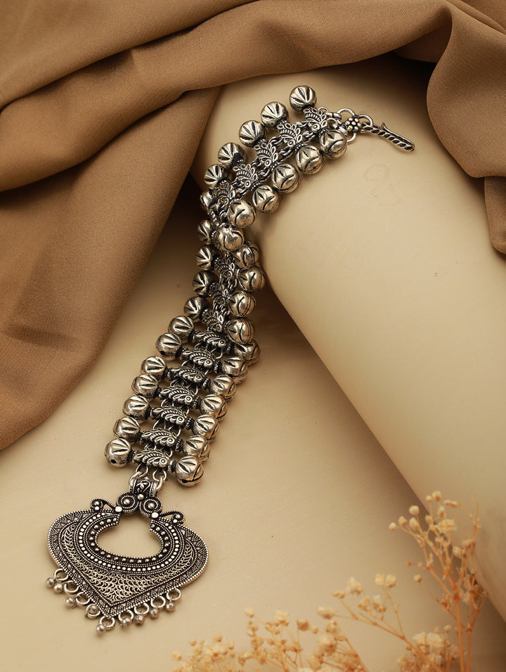 Bold Boho Style Tribal Motif Oxidised Silver Maangtikka