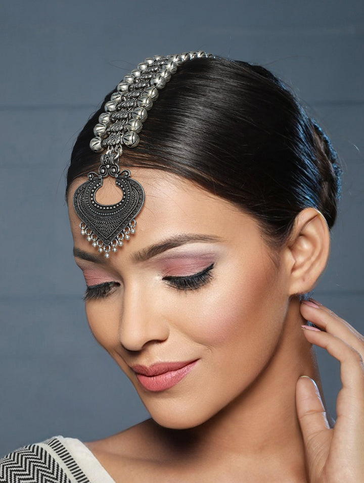 Bold Boho Style Tribal Motif Oxidised Silver Maangtikka