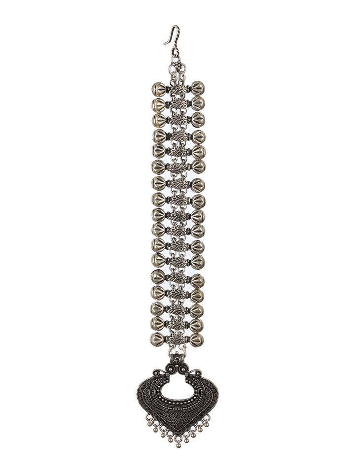 Bold Boho Style Tribal Motif Oxidised Silver Maangtikka