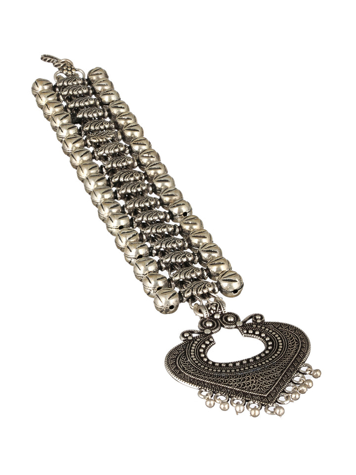 Bold Boho Style Tribal Motif Oxidised Silver Maangtikka