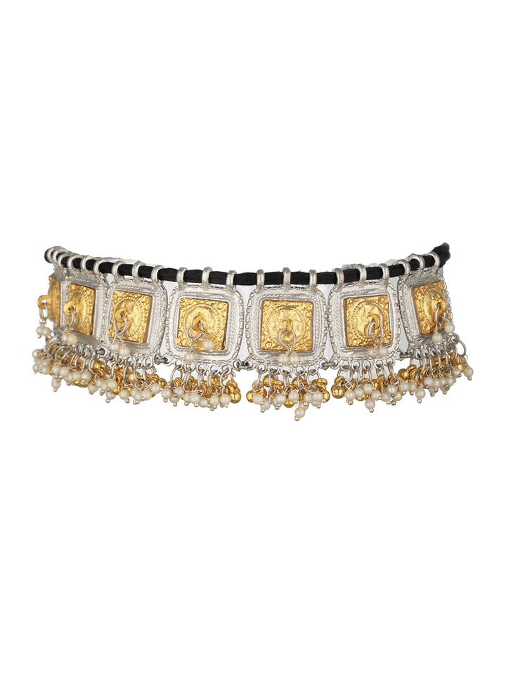 Textured Block Beaded Oxidised Silver Gold-Plated Choker Necklace