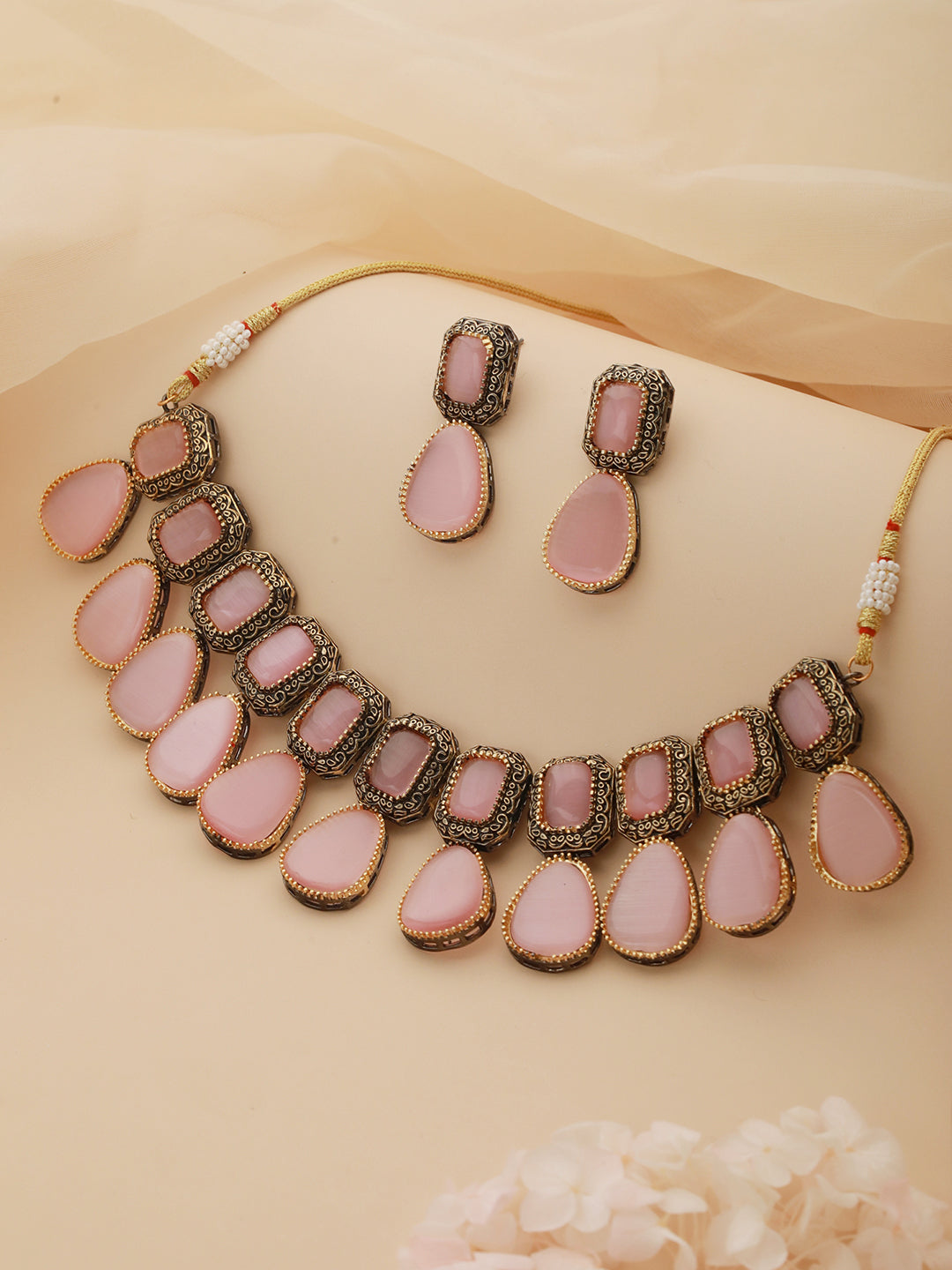 Pink Stone Block Drops Gold-Plated Choker Jewellery Set