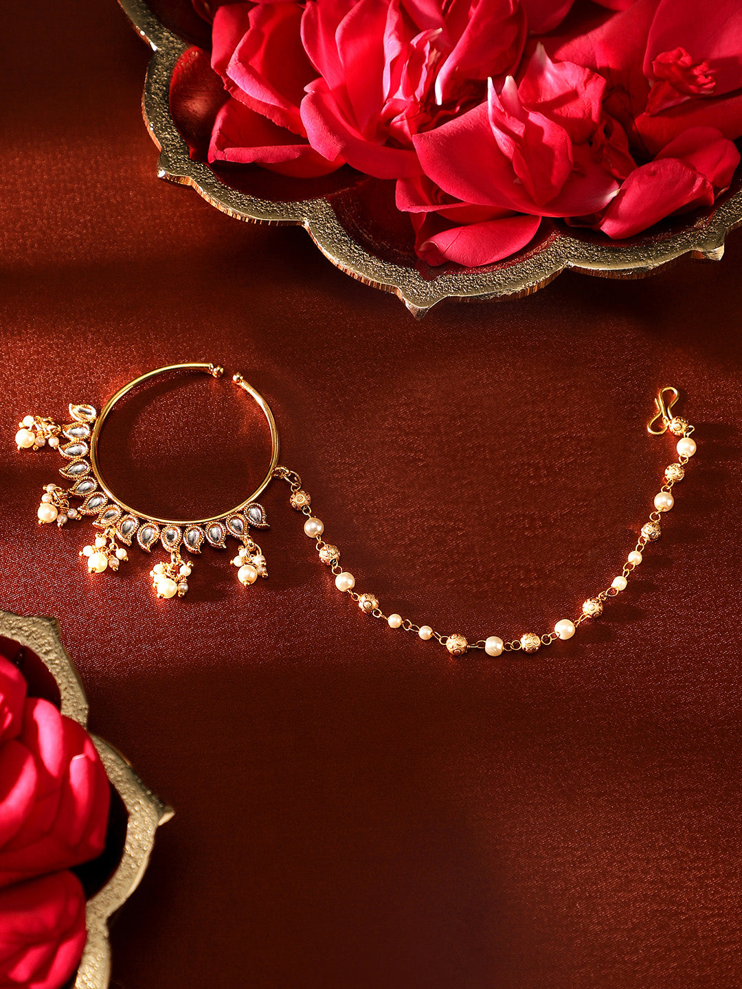 Bridal Nose Ring Nath Gold White Balls Sequence Mini Pearl