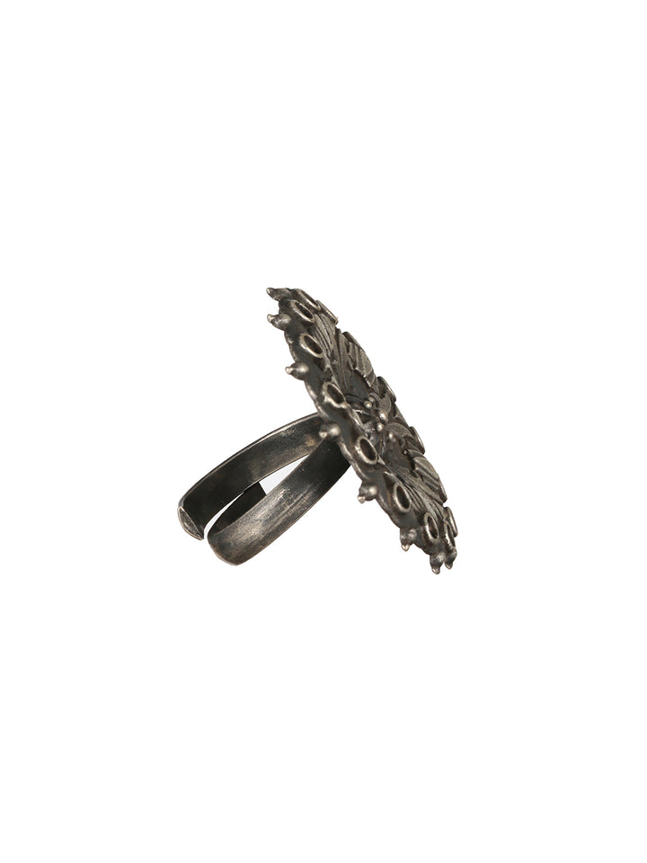 Priyaasi Big Flower Round Oxidised Silver-Plated Ring