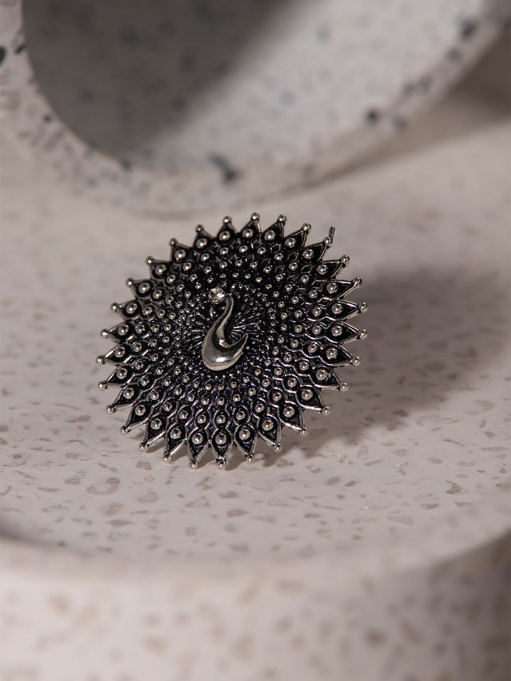 Priyaasi Oxidised Silver Plated Dancing Peacock Ring