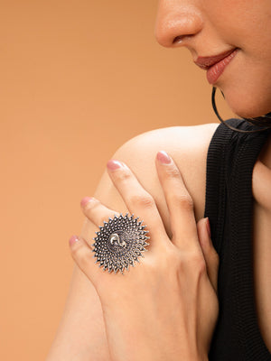 Priyaasi Oxidised Silver Plated Dancing Peacock Ring