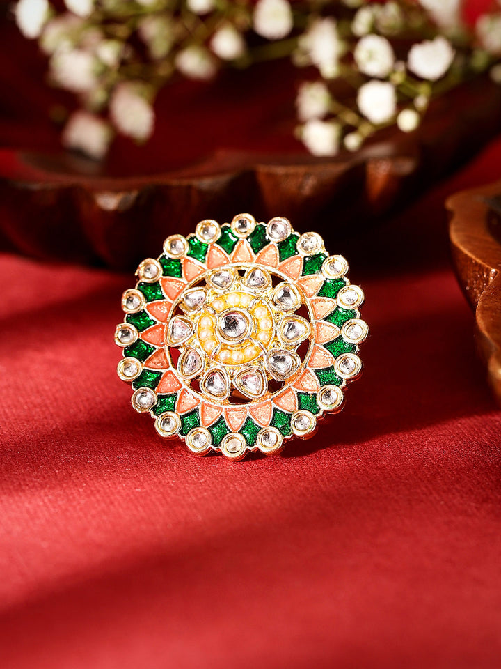 Ethnic Meenakari Kundan Elegance Gold-Plated  Geometric Pattern Adjustable Ring
