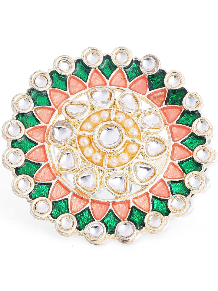 Ethnic Meenakari Kundan Elegance Gold-Plated  Geometric Pattern Adjustable Ring