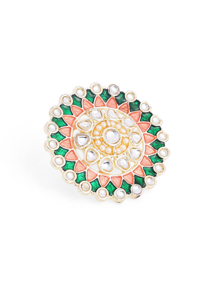 Ethnic Meenakari Kundan Elegance Gold-Plated  Geometric Pattern Adjustable Ring