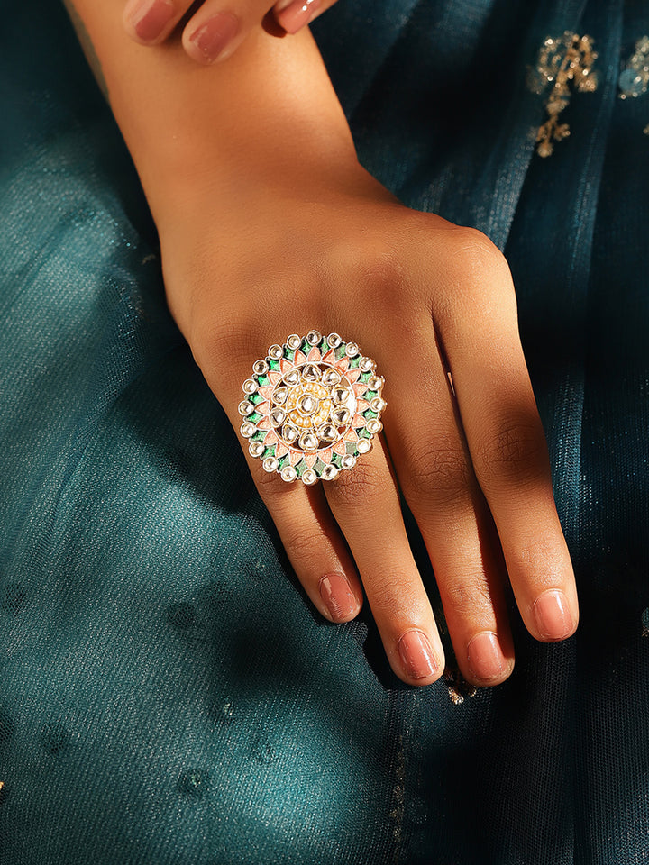 Ethnic Meenakari Kundan Elegance Gold-Plated  Geometric Pattern Adjustable Ring