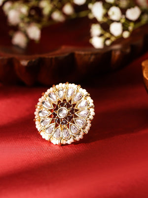 Maroon White Elegance Kundan Pearl Style Gold Plated Geometric Adjustable Ring