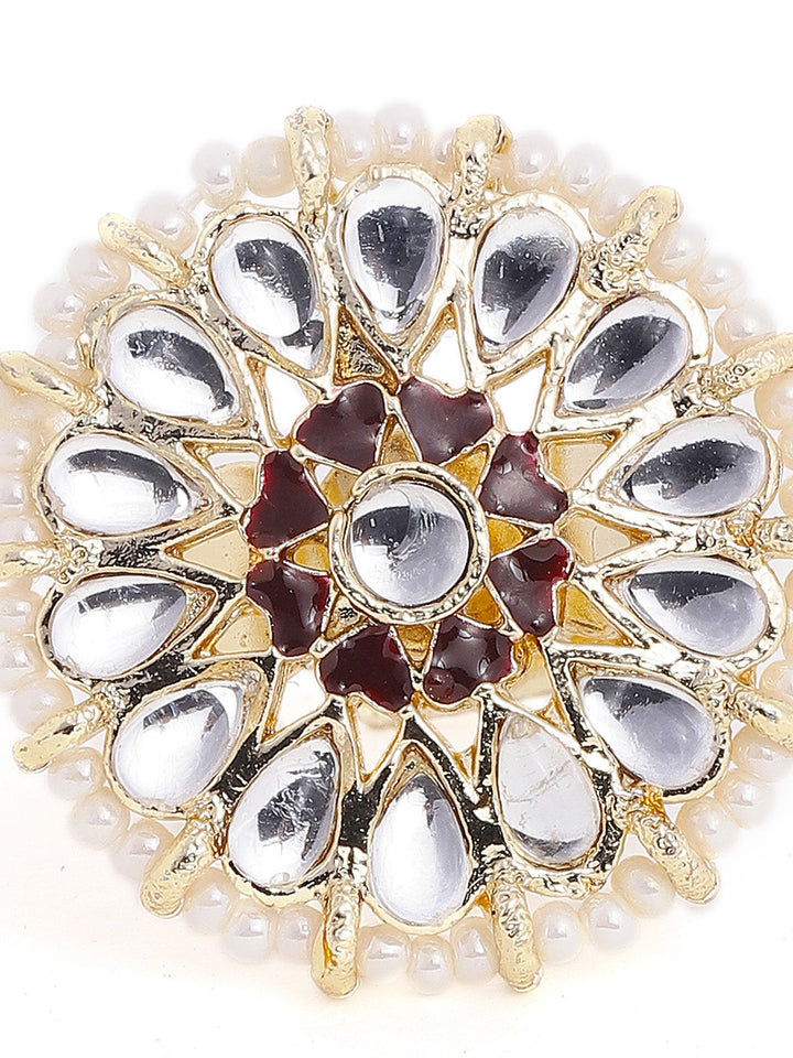 Maroon White Elegance Kundan Pearl Style Gold Plated Geometric Adjustable Ring