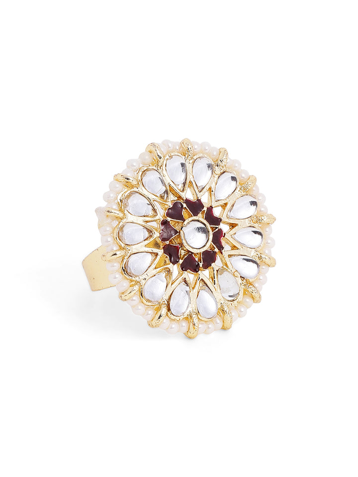Maroon White Elegance Kundan Pearl Style Gold Plated Geometric Adjustable Ring