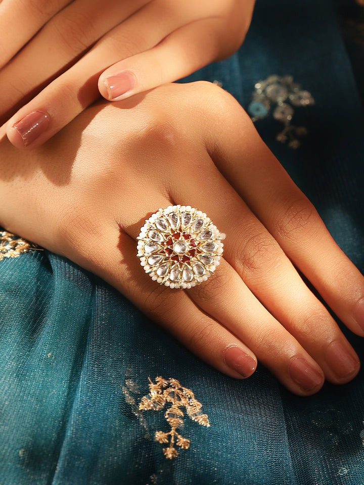 Maroon White Elegance Kundan Pearl Style Gold Plated Geometric Adjustable Ring