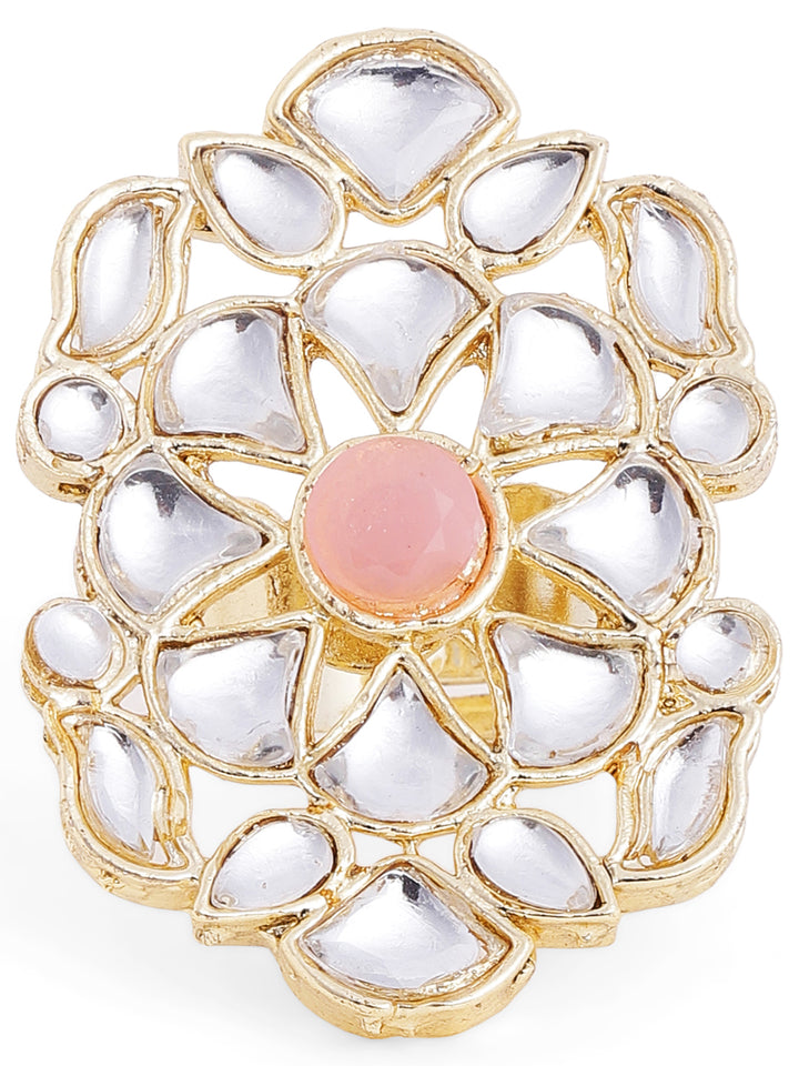 Peach Stone Kundan Floral Elegance Gold Plated Adjustable Ring