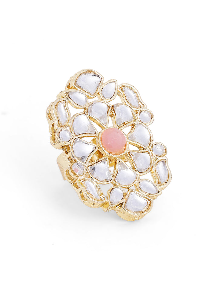 Peach Stone Kundan Floral Elegance Gold Plated Adjustable Ring