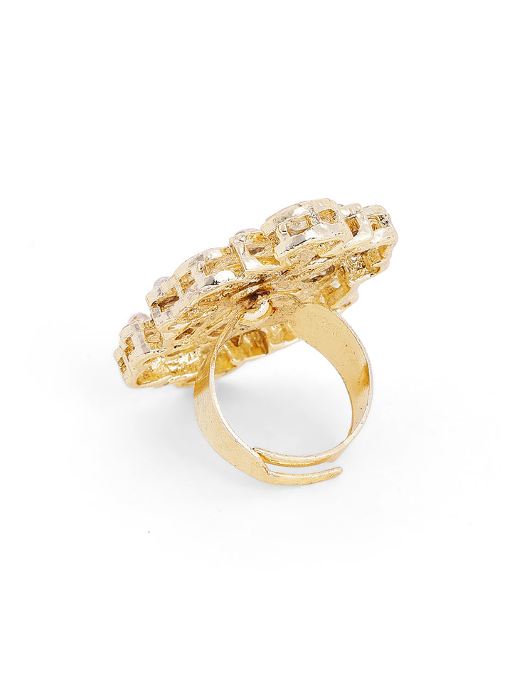 Peach Stone Kundan Floral Elegance Gold Plated Adjustable Ring