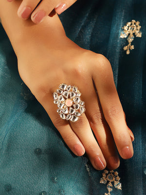 Peach Stone Kundan Floral Elegance Gold Plated Adjustable Ring
