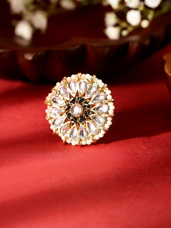Black Hearts Design Kundan Pearl Sequence Ethnic Gold Plated Adjustable Ring