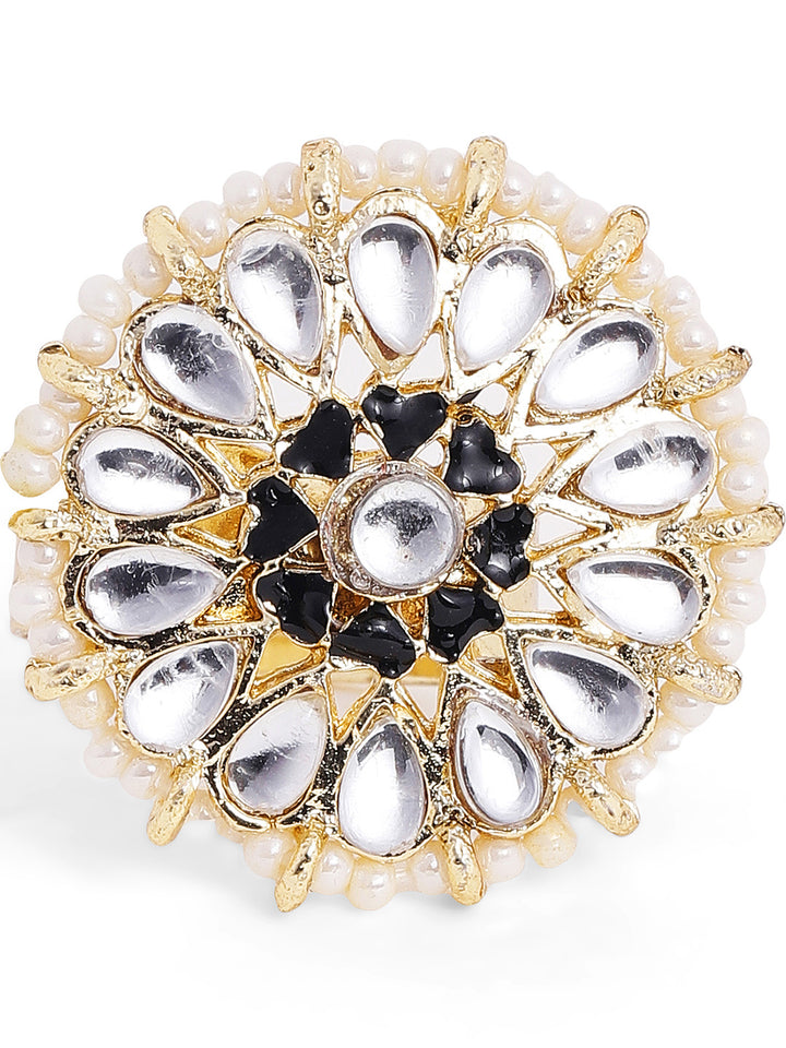 Black Hearts Design Kundan Pearl Sequence Ethnic Gold Plated Adjustable Ring