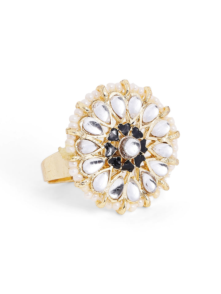 Black Hearts Design Kundan Pearl Sequence Ethnic Gold Plated Adjustable Ring
