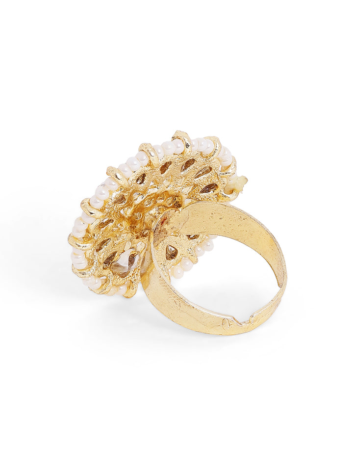 Black Hearts Design Kundan Pearl Sequence Ethnic Gold Plated Adjustable Ring