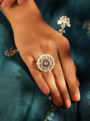 Black Hearts Design Kundan Pearl Sequence Ethnic Gold Plated Adjustable Ring