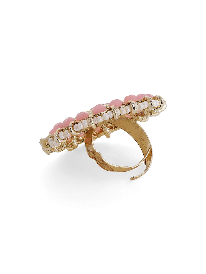 Baby Pink Floral Elegance Pearl Finest Gold Plated Adjustable Ring
