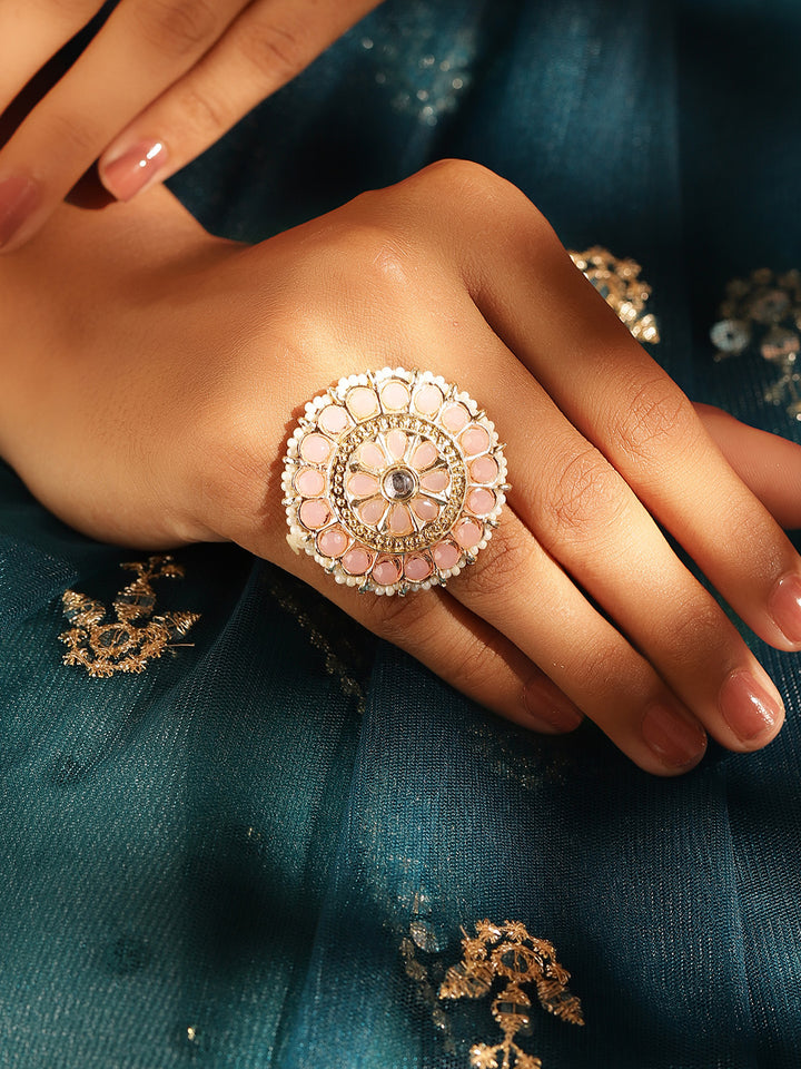 Baby Pink Floral Elegance Pearl Finest Gold Plated Adjustable Ring