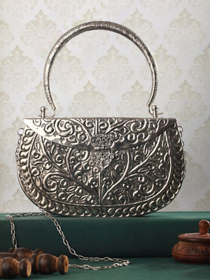 Vintage Textured Silver Metallic Clutch Sling Bag