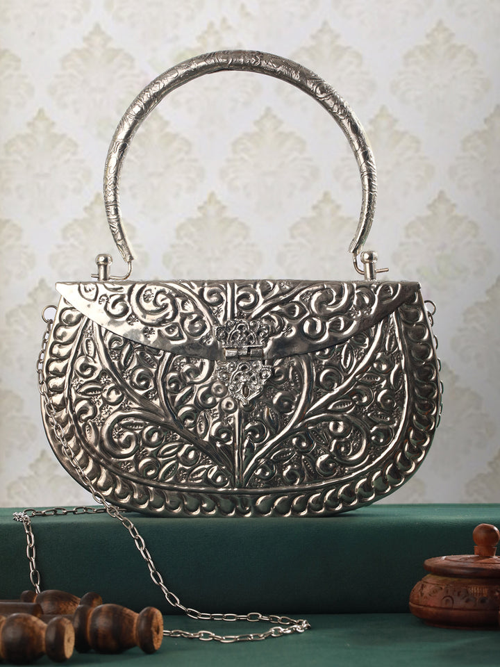 Vintage Textured Silver Metallic Clutch Sling Bag