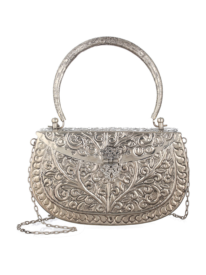 Vintage Textured Silver Metallic Clutch Sling Bag