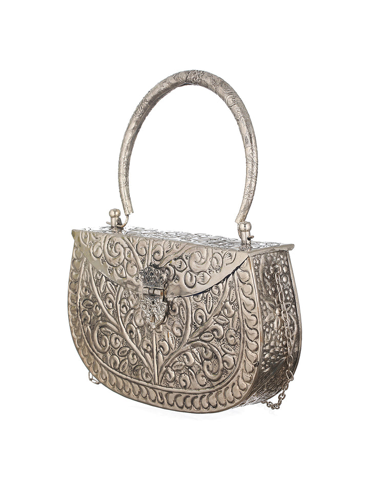 Vintage Textured Silver Metallic Clutch Sling Bag