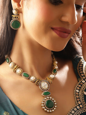 Green Stoned Pearl AD Combo Gold Plated Necklace Drop Earrings Jewellery Set